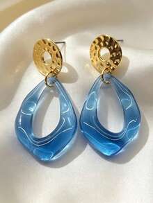 Gold-Tone Hammered Metal Earrings, Transparent Hollow Water Drop Resin Earrings For Women, Blue & Pink Two-Color Vacation Style Long Dangle Earrings - Geometric Earrings - View 7