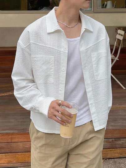 GOLDREDY Japanese Minimalist Textured Shirt Men's Loose Short Length Lapel Collar Utility Double Pocket Long Sleeve Top