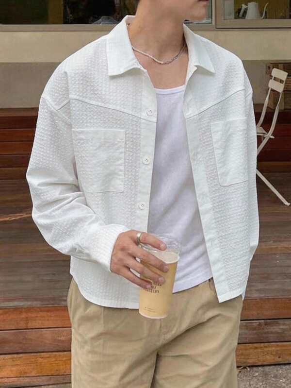 GOLDREDY Japanese Minimalist Textured Shirt Men's Loose Short Length Lapel Collar Utility Double Pocket Long Sleeve Top