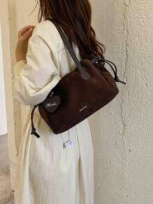 Women's Shoulder Tote Bag, Fashion Matte PU Coffee Color, Large Capacity With Heart Pendant, Suitable For Shopping And Commuting - Coffee - View 5