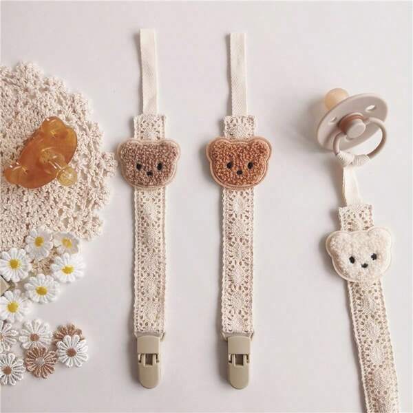 1pc Baby Pacifier Chain Anti-Drop Chain Cute Bear Pacifier Chain Baby Teether Anti-Drop Clip Lace Fabric Strap Anti-Loss Rope