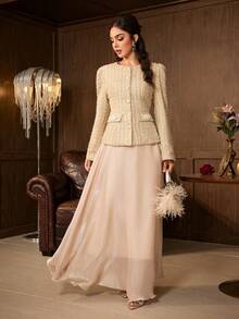 Bộ 2 món áo khoác tweed đính sequin thanh lịch cho nữ và chân váy dài, cổ tròn, viền tương phản đính cúc, phù hợp đi làm hàng ngày, văn phòng, tiệc tùng, chất liệu mềm - Màu be - Xem 7