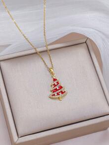 Women's Christmas Tree Jewelry Set, Gold Red Enamel Rhinestone Pendant Necklace And Hook Earrings, Holiday Party Christmas Gift - Gold - View 5
