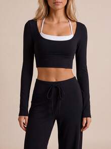 Contrast Color Yoga Long Sleeve Running Slim Fit Sports Bra Breathable Fitness Workout Top 2 In 1 - Black - View 4