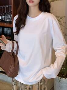 White Round Neck Long Sleeve T-Shirt Women Spring Autumn Inner Layer Base Top Slimming Drape Solid Color Casual - White - View 1