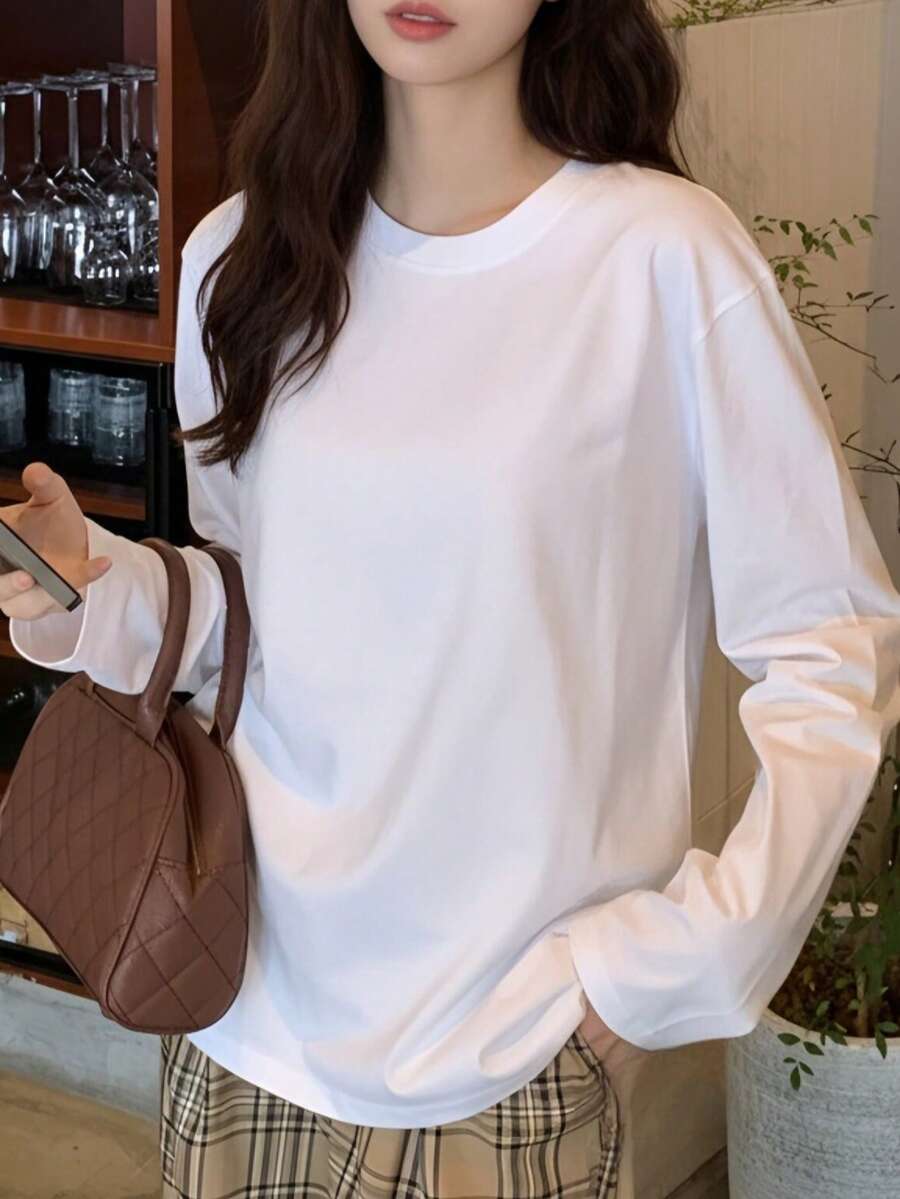 White Round Neck Long Sleeve T-Shirt Women Spring Autumn Inner Layer Base Top Slimming Drape Solid Color Casual - White - View 1
