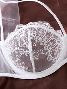 白色花卉蕾絲 2 件組女款性感透視網紗內衣套裝，優雅鋼圈內衣與內褲套裝，秋季性感女裝 - 白色 - 查看 4