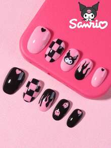 萬聖節 Sanrio Hello Kitty 24片 Y2K 短橢圓形穿戴甲，可愛 Kuromi、火焰、蝴蝶結與愛心設計，完美貼合壓克力假指甲套組，含 1 個果凍膠與 1 個指甲锉，適合女性女孩日常、派對、聚會使用 - 彩色 - 查看 2