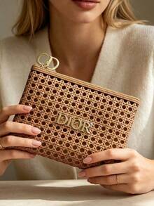 Apricot Hollow Woven Rattan Texture Makeup Bag, Gold Metal DIOR Logo And CD Shaped Zipper Pull, Flat Zipper Top Travel Cosmetic Storage Bag, Luxury Gift For Women DIOR-GIFT-164 - Gold - View 7