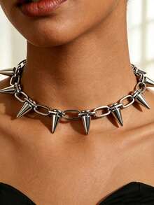 1pc Punk Studded Choker Necklace, Y2K Rock Style Chunky Chain Neck Accessory, Suitable For Women's Party And Daily Wear, Music Festival Dance Party Accessory, Halloween Accessory (Material Is CCB Plastic, Relatively Lightweight) - Silver - View 12