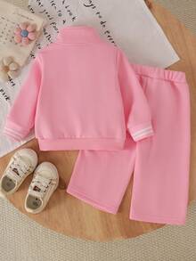 2pcs Baby Girl Spring/Autumn Casual Bow Print Pink Long Sleeve Sweatshirt & Long Pants Thin Sporty Set - Pink - View 3