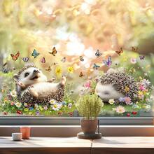 2D Flat Sticker, Hedgehog Paradise Butterfly Flower Pattern Decorative Window Decal, Easy To Remove, Convenient Installation, Suitable For Living Room Window Double-Sided Printing Use Scenario - Multicolor - View 8