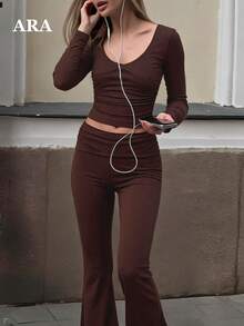 ARA Women's Autumn Brown 2 Pieces Set, V-Neck Long Sleeve Ruched Cropped Top and High-Waisted Long Sleeve Flare Pants, Back Ruched Detail Loungewear & Sportswear - Coklat - View 7
