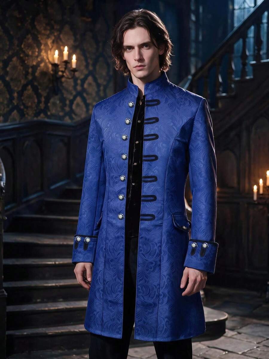 萬聖節中世紀新款男士立領英式表演服裝外套中長版派對造型外套 - 寶藍色 - 查看 1