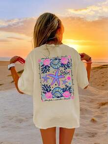 Girls Summer "Ocean Season" Starfish & Shell Print T-Shirt, Casual Round Neck Beach Style Short Sleeve Top - Apricot - View 8