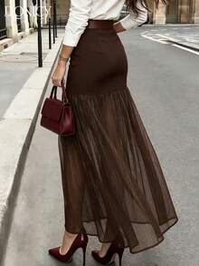 DONICY Women's Elegant Brown Patchwork Long Dress, Structured Waist Design, Glossy Tulle Ruffle Hem, Suitable For Spring Office And Casual Wear (No Belt) - Brown - View 2