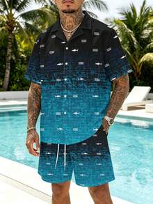 Men's Gradient Shark Print Cuban Collar Shirt And Drawstring Waist Shorts 2 Pieces Set, Suitable For Beach Vacation - Multicolor - View 10