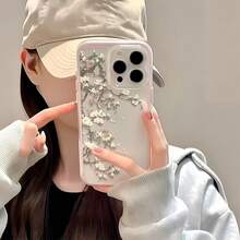 1pc Pink Frame Transparent Minimalist Lens Protection Anti-Drop Anti-Collision Half Magnolia Branch Pattern Phone Case Personalized Compatible With Iphone 16 Pro Max/17/16/15/14 Plus/13/12/11/Air And Series - Multicolor - View 3