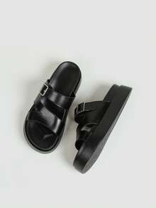Women's Adjustable Buckle Thick Sole Sandals, Black Cross Strap Soft Cushion Thick Sole Summer Slip-On Mule Shoes - Black - View 2