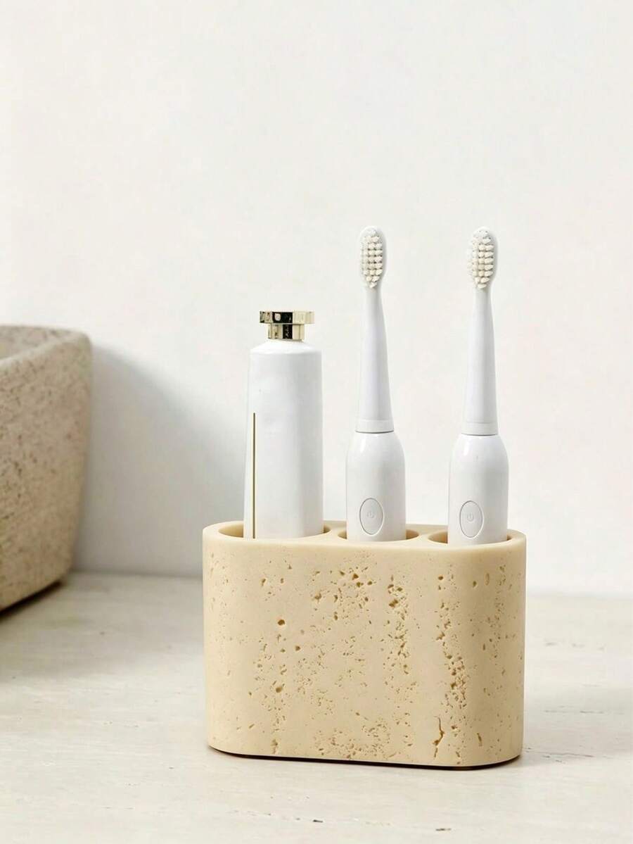 Faux Limestone Toothbrush Holder, Luxury Bathroom Hotel Toothpaste Electric Toothbrush Storage Rack. Home Bathroom Toothpaste Toothbrush Cotton Swab Storage Organizer, Makeup Brush Holder Pen Holder, Home Storage. - Multicolor - View 1