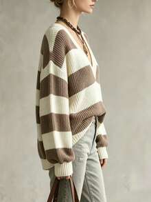 Sweater Rajut Longgar Bergaris Leher V untuk Wanita, Pullover Lengan Panjang Musim Gugur/Dingin - Aprikot - View 2