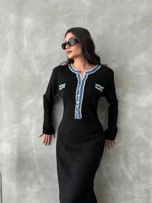 Women's Denim And Button Detailed Stylish Dress - Burgundy - View 2