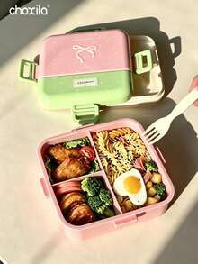 choxila 1pc Cute Bow Print Double Layer Lunch Box, Sweet Dream Color Block Leak-Proof Bento Box, Suitable For Students, Office, Picnic - View 5