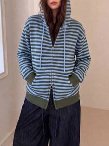 Women's Winter Casual Minimalist Vintage Striped Hooded Cardigan Jacket - Blue - View 4