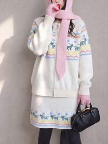 Set Kardigan dan Rok Motif Rusa Fair Isle Vintage untuk Wanita, dengan Resleting, Pakaian Musim Dingin yang Hangat - Krem - View 4
