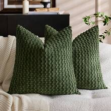 1/2pcs Dark Green Bohemian Striped Throw Pillow Cover (Pillow Insert Not Included), Soft Plush Corduroy Solid Color Decorative Square Pillowcase, Suitable For Holiday, Sofa, Bedroom, Bed, All Seasons - Dark Green - View 14