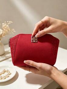 Red Zipper Cosmetic Pouch, Silver‑Tone 4G Metal Logo Makeup Bag, Embossed Geometric Side Panel Travel Storage Pouch Luxury Beauty Gift For Women GIVENCHY‑GIFT‑13 - Red - View 8