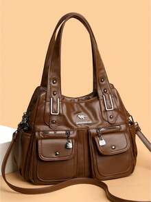 Large Capacit PU Leather Tote Bag Women's Commuter Bag 2026 New Style Handbag Shoulder Bag Crossbody Bag Soft Handle Bag - Brown - View 2