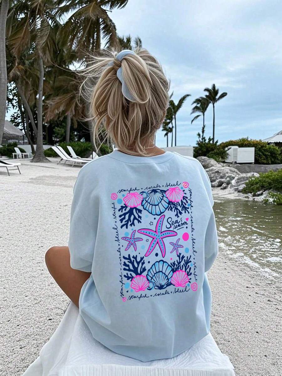 女童夏季「海洋季節」海星與貝殼印花T恤,休閒圓領海灘風短袖上衣 - 淺藍色 - 查看 1