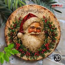 2D Flat, 1pc Wooden Round Sign, Vintage Plaque With Santa Claus Pattern, Christmas Decoration Sign, Suitable For Living Room, Kitchen Decor, Pre-Drilled Holes As Shown In Dimension Diagram - Multicolor - View 3