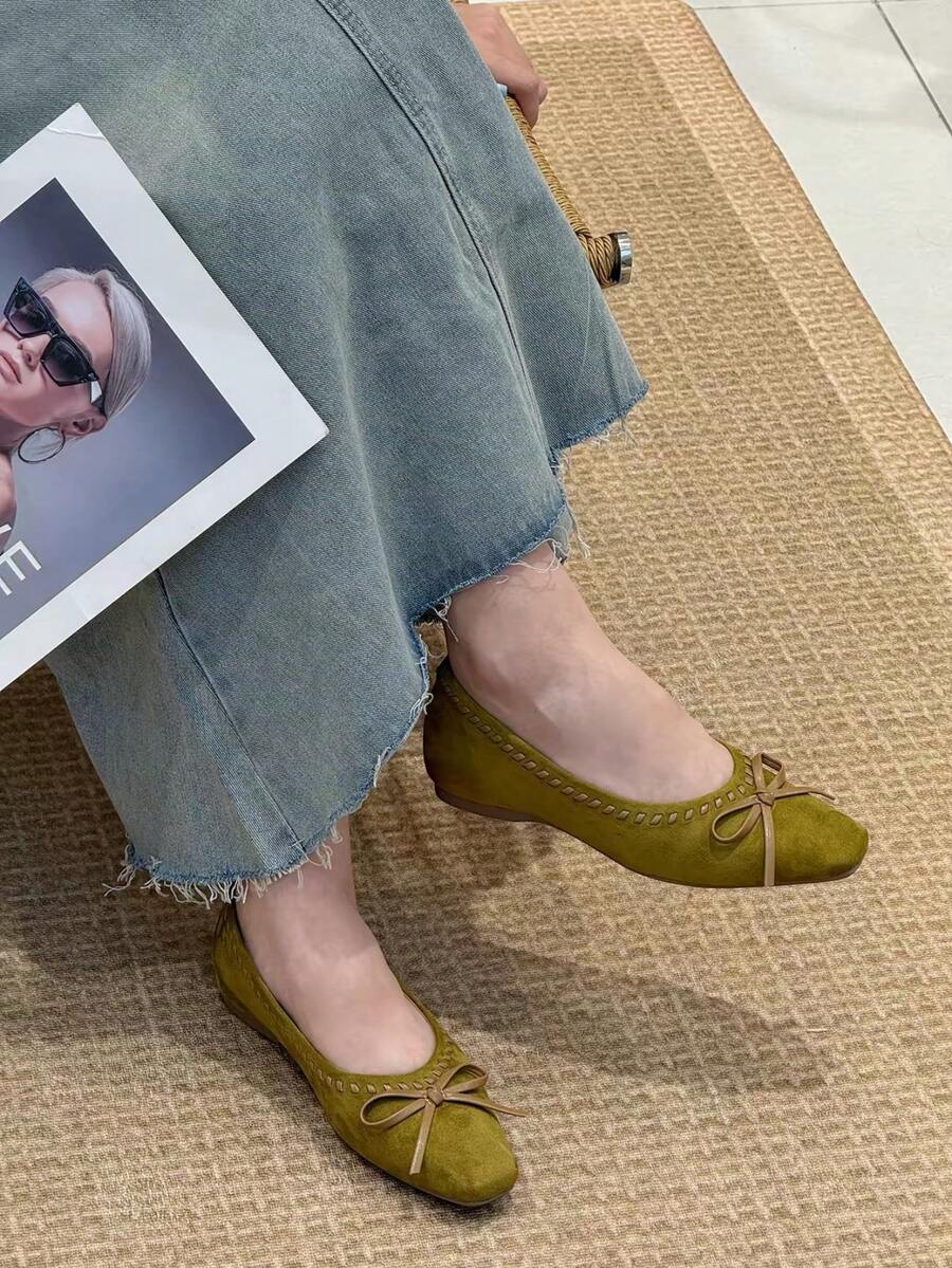 法式優雅風尖頭蝴蝶結露背低鞋口高跟鞋女款，搭配裙裝，單條帶粗跟包頭涼鞋 - 綠色 - 查看 1