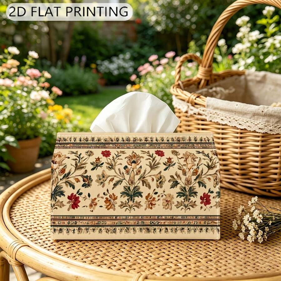 1pc Vintage Pastoral Floral Vine Fabric Tissue Box Cover, European Classical Floral Print Tissue Holder, Garden Style Living Room Desktop Soft Decor Tissue Protector - Multicolor - View 1