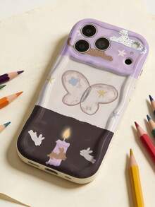 1pc Cream Dopamine Wave Ruffle Soft TPU Texture, INS Artistic Vibe Colorblock Butterfly Candle Rabbit Phone Case, Glossy Wave Frame Niche Personalized Phone Shell Suitable For Galaxy S21 S22 S23 S24 S25 S26/Honor/ And Other Models - White - View 5