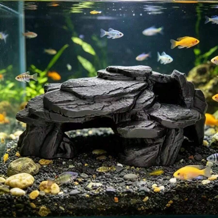 Gua Persembunyian Akuarium dan Reptil Berbentuk Batu, Dekorasi Akuarium Gaya Batu Cocok untuk Ikan, Udang, Tokek, dan Kadal, Bahan Plastik, Hitam/Abu-abu/Cokelat Muda - A - View 1