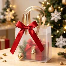 2/10/20pcs Set (Bag + Ribbon) - Transparent Frosted Plastic Gift Bag With Handle 7.9x5.9 Inches (Approx. 20X15X7cm), Reusable, With Ribbon Bow, Transparent Gift Packaging Bag, Suitable For Wedding, Birthday, Baby Shower (Red) - View 9