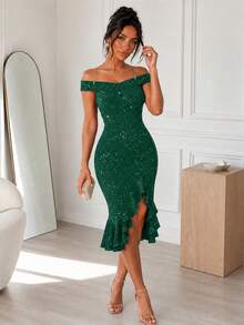 ChicMe Open Shoulder Beaded Ruffle Hem Fitted Mid-Length Dress, Sexy Party Elegant Fashion Summer - Green - View 7