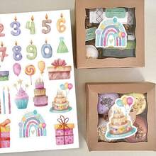 2sheets Oft Watercolor Birthday Party Stickers,0-9 Number Candles Cake Gift Box Rainbow Balloon Cupcake Design, Scrapbook Stickers For Journal Notebook Gift Sealing,Birthday Aesthetic Decor Stickers For DIY Craft Party Packaging Supplies - A - View 5