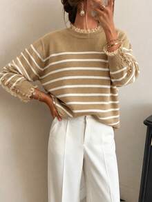 Sweater Rajut Bergaris Kontras Warna untuk Wanita, Cocok untuk Acara Santai/Bangun di Musim Gugur/Dingin, Kerah Renda, Detail Kancing di Manset, Sesuai untuk Acara Makan Siang Santai. - MultiWarna - View 3