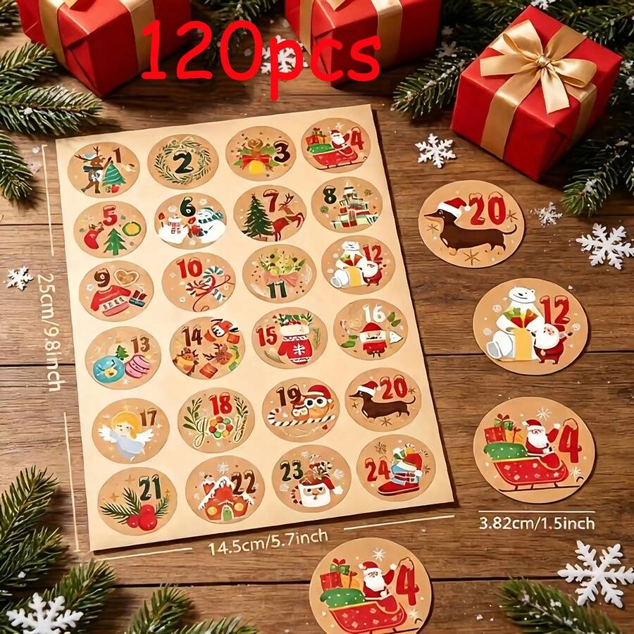 10入 24天聖誕降臨曆數字貼紙,復古紅金圓形聖誕元素貼紙,聖誕老人馴鹿禮物圖案 DIY 裝飾貼紙,適用於降臨曆盒、手帳與節日禮物包裝 - 彩色 - 查看 1