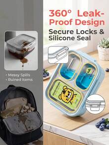 Cute Cartoon Print 3-Compartment 304 Stainless Steel Bento Box, Leak-Proof Portable Divided Lunch Box, Multi-Compartment Fresh-Keeping Meal Container For Students, Office Workers And Outdoor Use - Multicolor - View 6