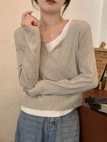 Korean Style Thin Contrast Color 2 In 1 Design Chic Inner Layer Knit Base Layer Sweater - Apricot - View 3