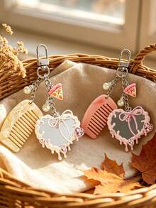 Lovely Keychain Charm Acetate Alloy Hair Comb Design Heart Mirror,For Handbag Crossbody Bag Phone Car Keyring Accessory, For Women Girls Daily - Multicolor - View 7