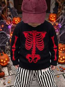 Boys' Street Style Skeleton Pattern Sweater Knit Pullover Suitable For Halloween Spring Autumn Winter - Red - View 4