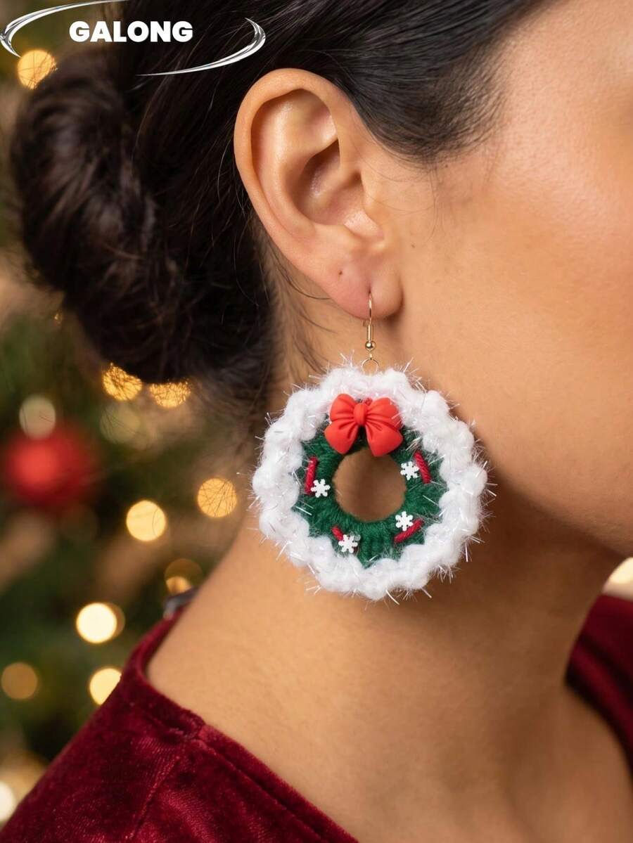 冬季甜美女孩穿搭必備 柔軟可愛手工編織聖誕老人耳環 俏皮青春風 針織耳墜 雪景拍照趣味飾品 - 白紅色 - 查看 1