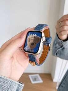 1pc Cute Bear Pendant Denim Watch Band, Adjustable Fabric Replacement Strap With Metal Buckle, Suitable For Apple Watch, Casual Daily Accessory For Women And Girls - Royal Blue - View 5