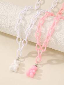 2pcs/Set Girls Bear Pendant Necklace, Pink & White Chain Collarbone Necklace, Niche Personalized Accessory Suitable For Daily Decoration - Multicolor - View 2